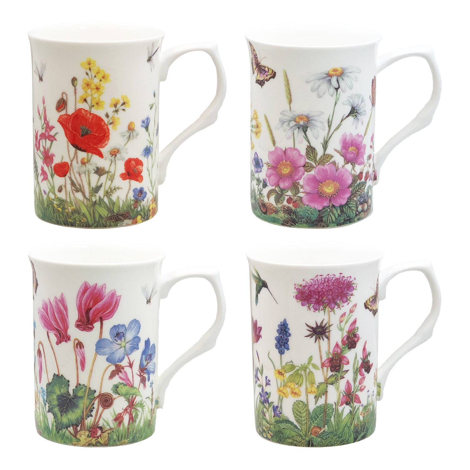 Meadow Blooms Collection - Set of 4 Fine Bone China Mugs