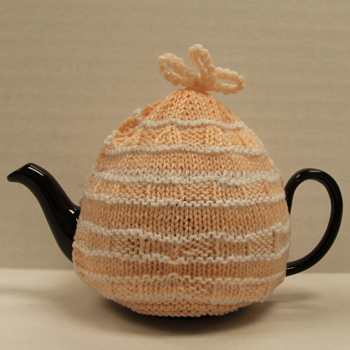 Knitted Tea Cozy, Pink and White Stripes
