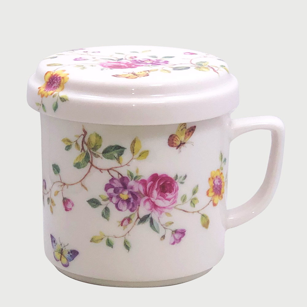 Lidded Tea Mug with Strainer, Flower and Butterfly